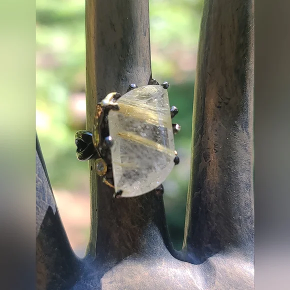 11k Gold rutilated quartz Amethyst & Aquamarine Sterling ring sz8 - Picture 3 of 6